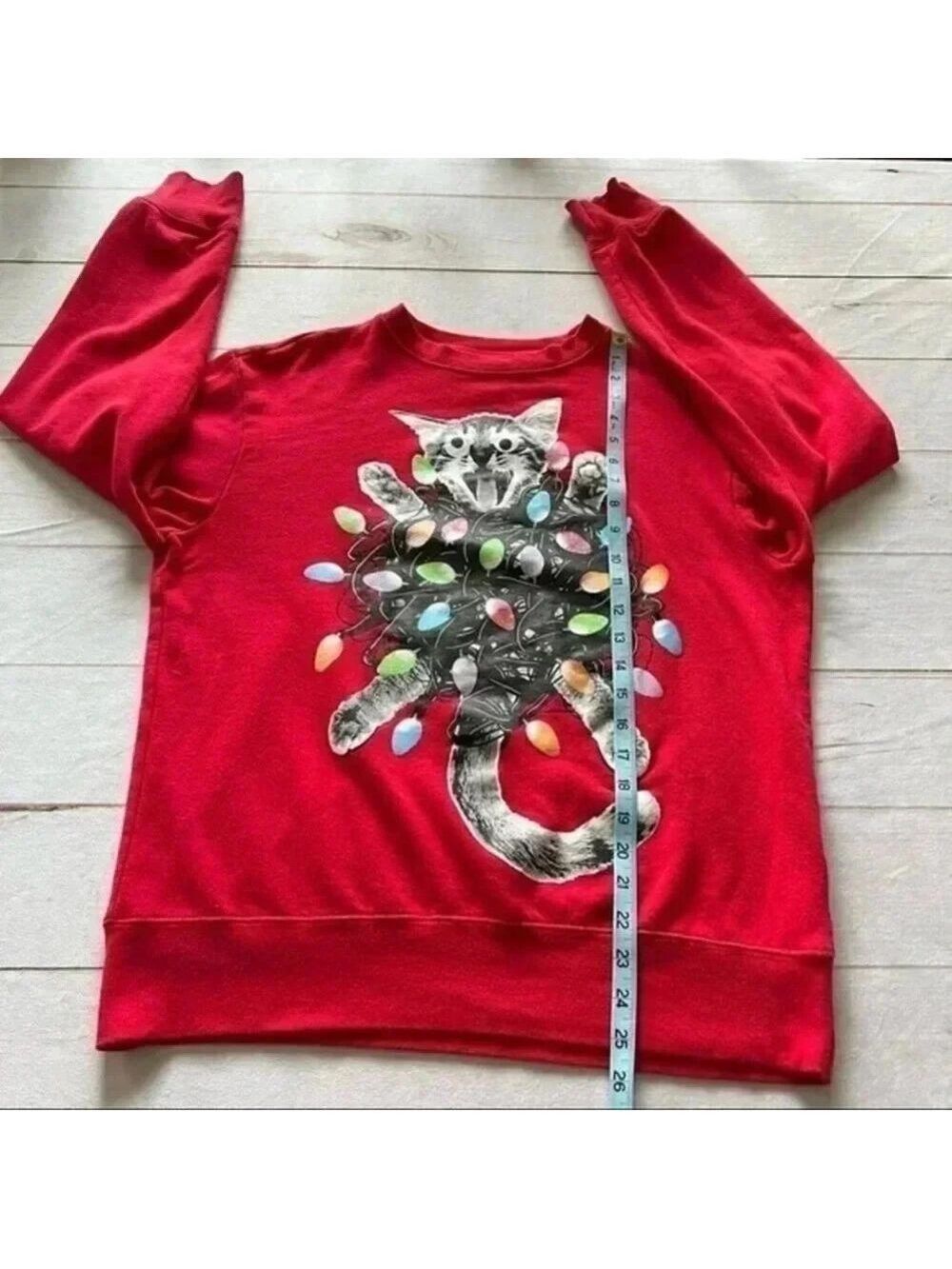 Mad Engine Women’s Christmas Tangled Cat Lights Ugly Xmas Sweatshirt Red… - Picture 7 of 8